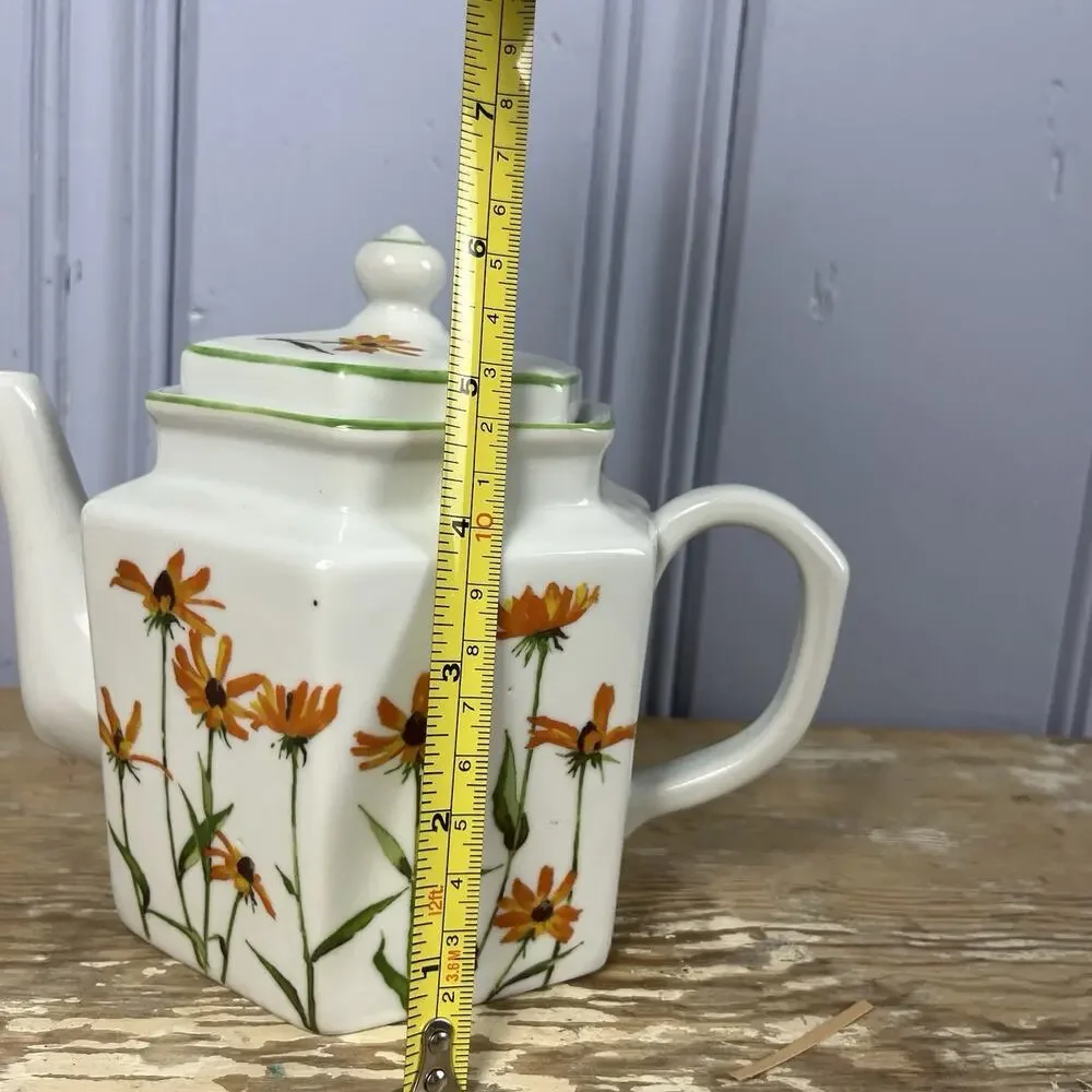Vintage Toscany Floral Hexagon Teapot Cottagecore Black Eyed Susan Taiwan Flower